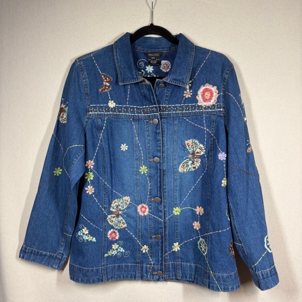 Whimsical Boho Womens Embroidered Beaded Butterfly Floral Denim Jean Jacket 00X